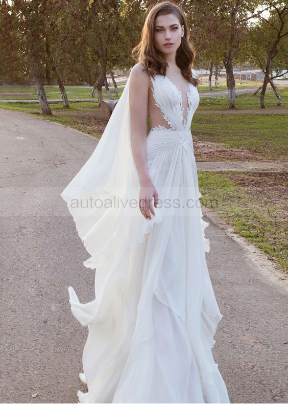 Ivory Lace Pleated Chiffon Sexy Wedding Dress